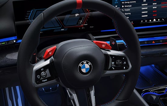 Close-up view of BMW M5 Touring steering wheel. | BMW Showcase 1 in Derwood MD