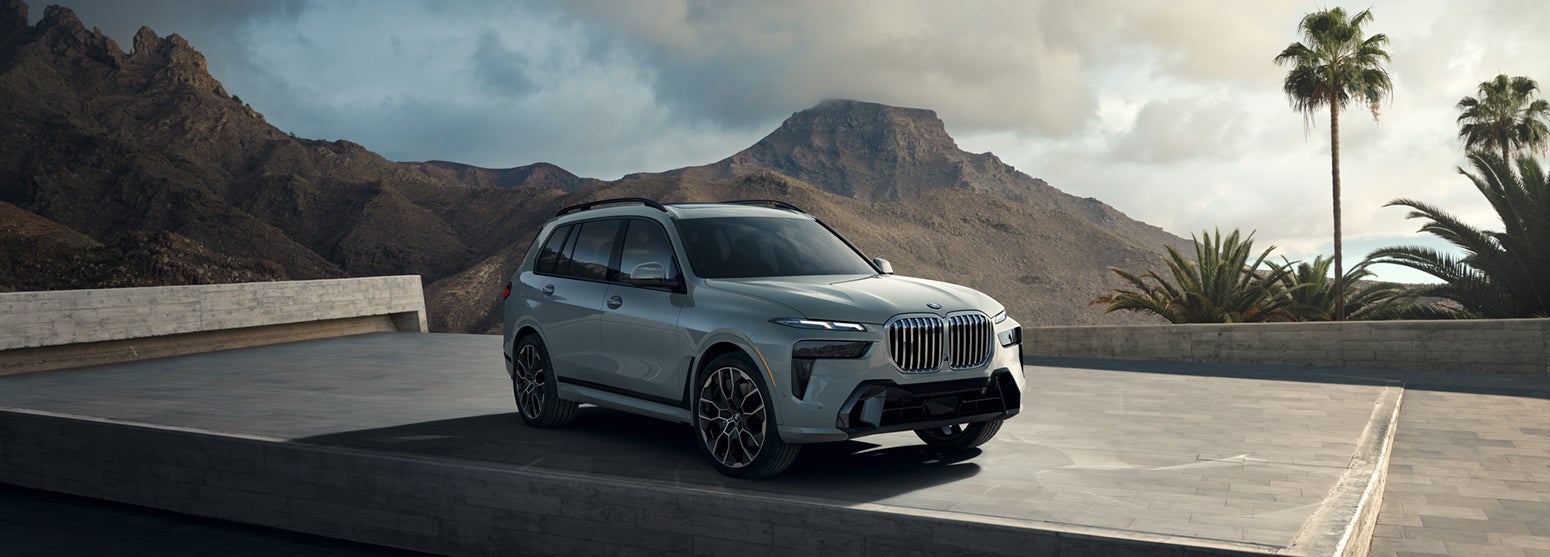 Gray BMW X7 parked with mountain and palm tree background | BMW Showcase 1 in Derwood MD