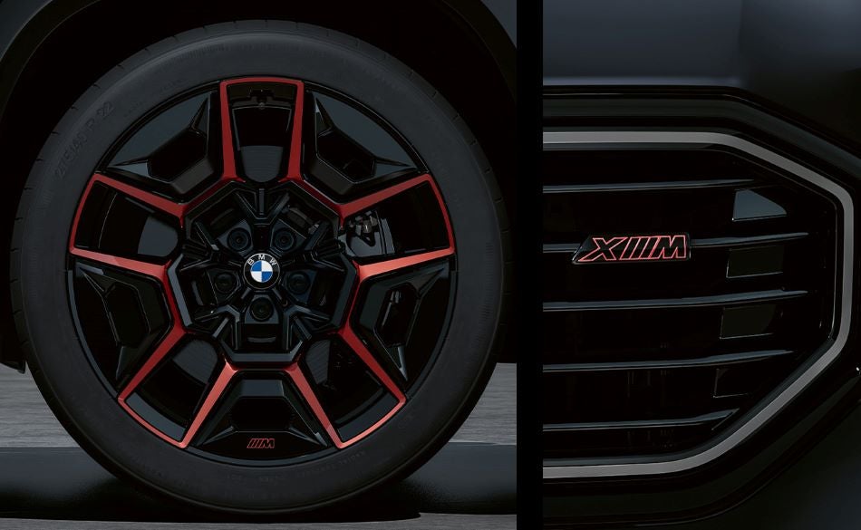 Detailed images of exclusive 22” M Wheels with red accents and XM badging on Illuminated Kidney Grille. in BMW Showcase 1 | Derwood MD